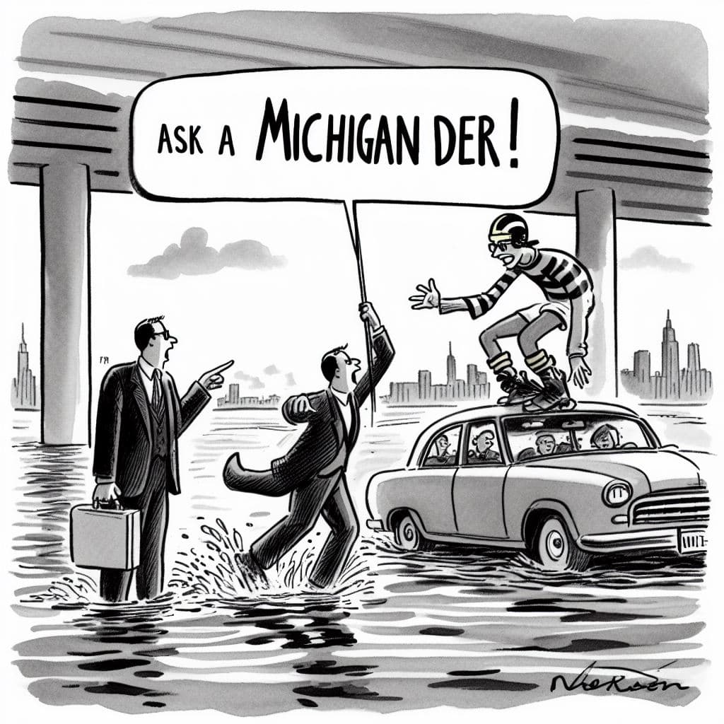 AI generated: "Ask a Michigander!" A cartoon in the style of the New Yorker Magazine, ca.  1960s