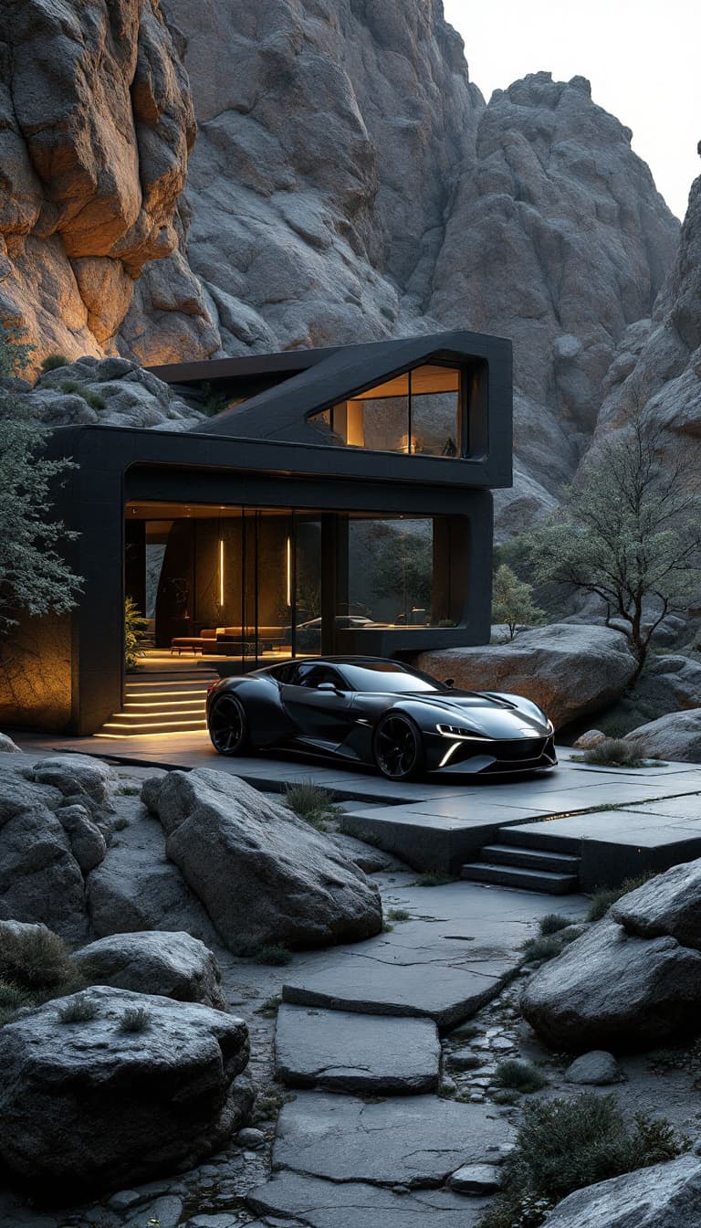 AI generated: the futuristic house in a rocky area with car, rock and house, in the style of dark gray and dark bl...