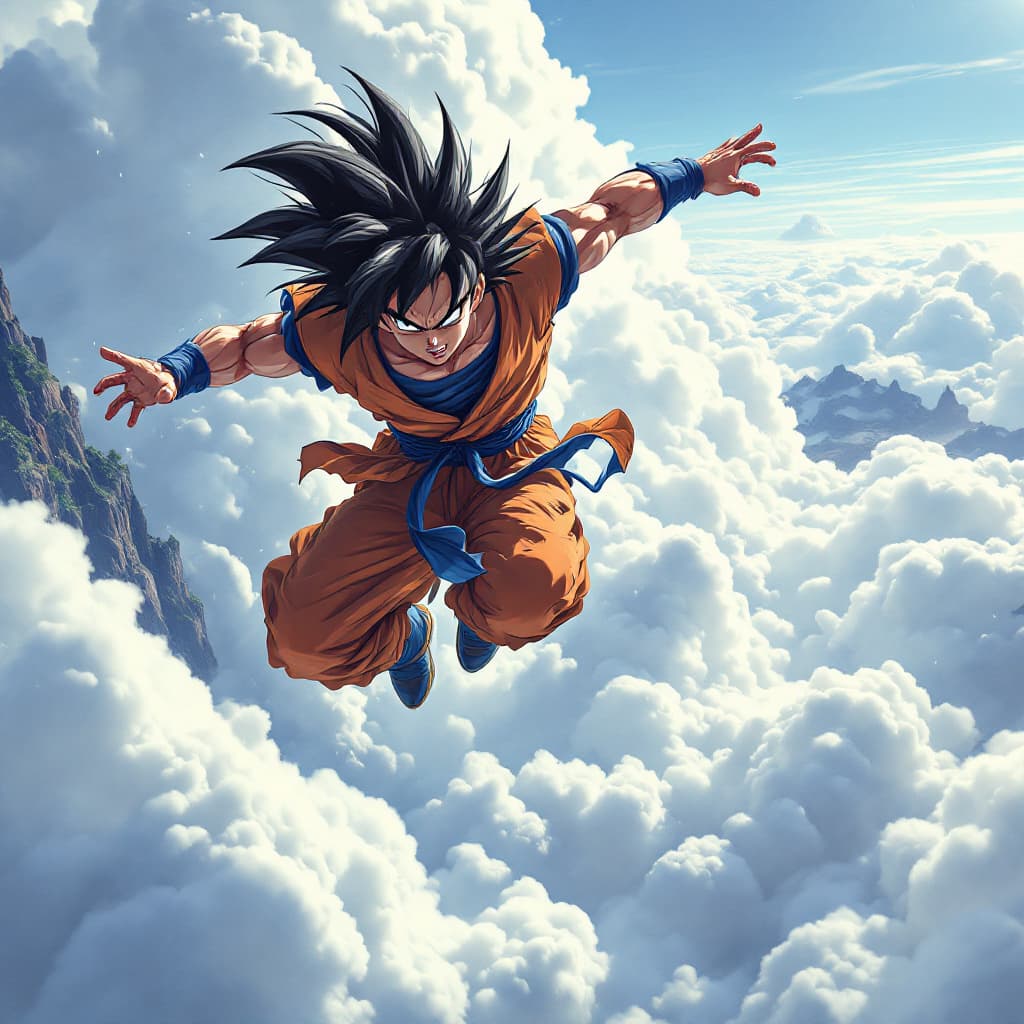 AI generated: Goku from Dragonball Z flying on Nimbus the cloud
