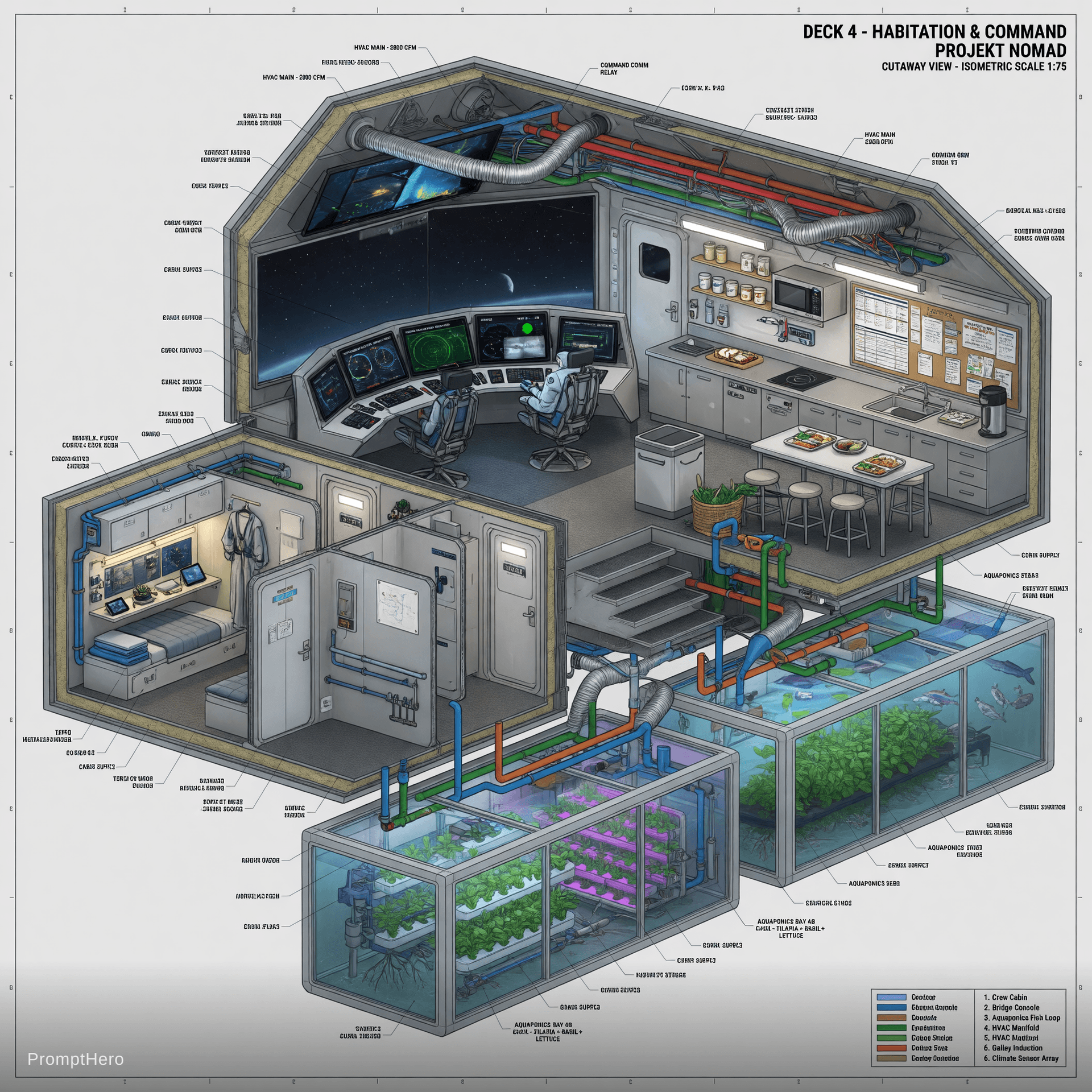 AI generated: Highly detailed technical cutaway isometric view of Deck 4 (Habitation & Command) of Projekt Nomad, ...