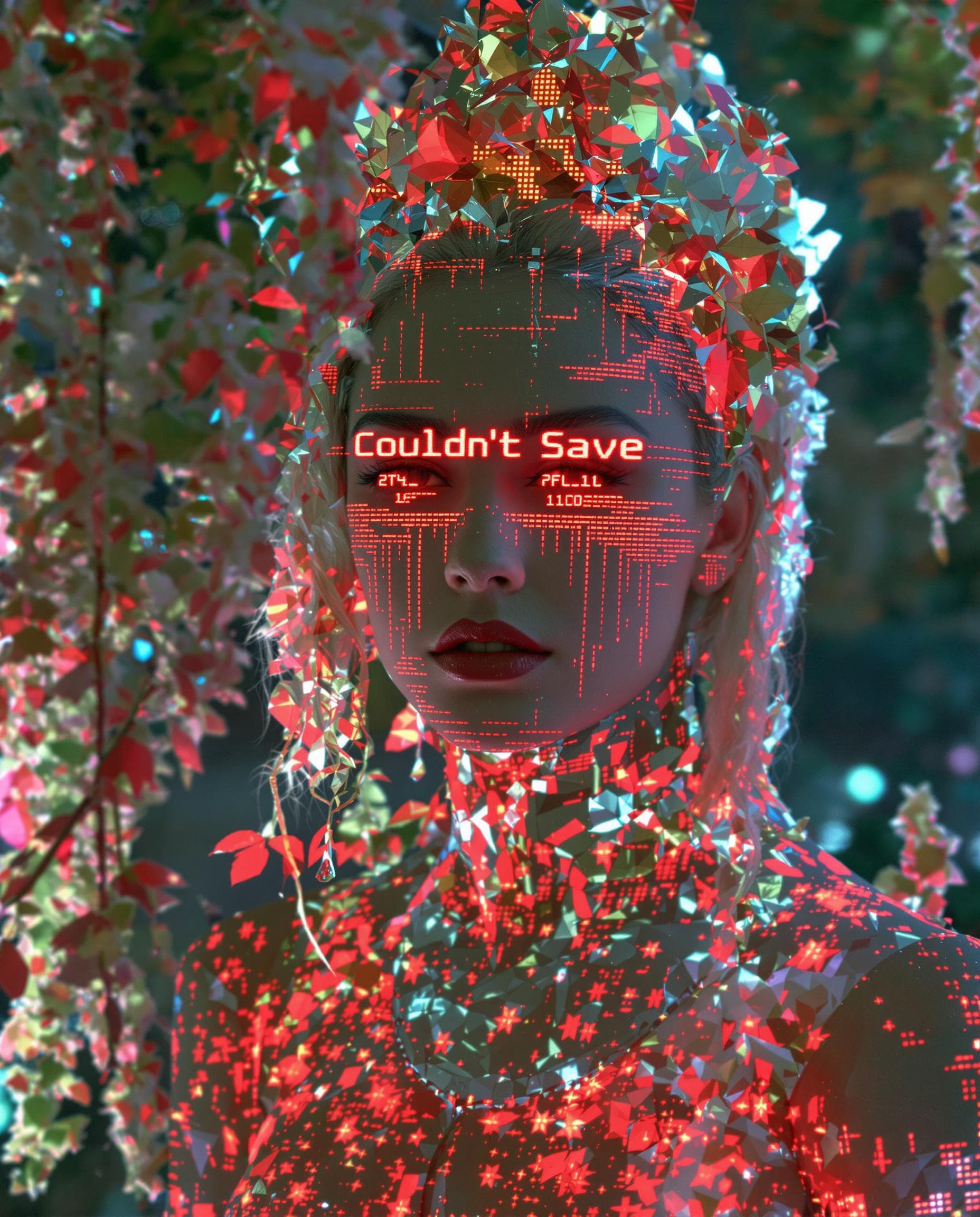 AI generated: Ultra sharp photography of a centre focused Blonde nymph cyborg with a pixelated teardrop on her fac...
