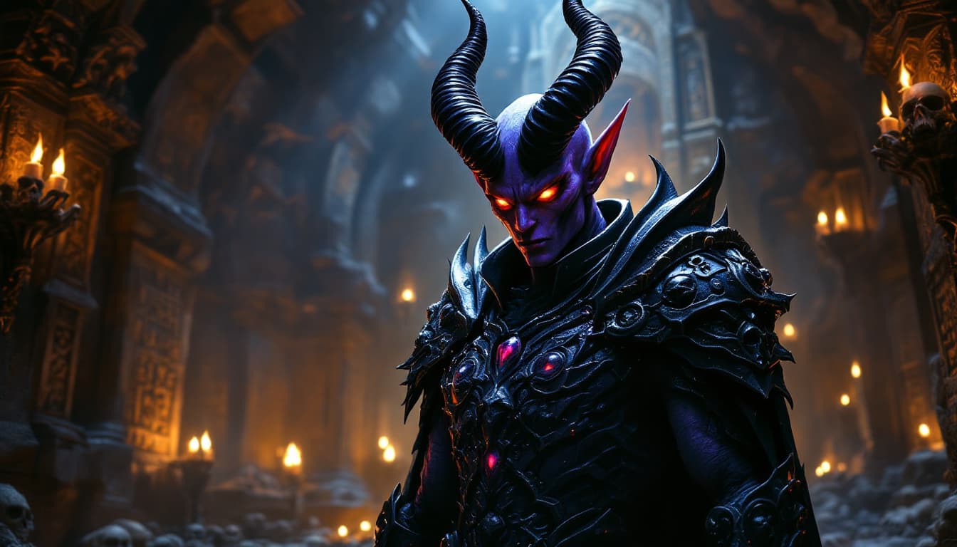AI generated: In a shadowy crypt, a menacing demon with the refined facial features of a Dark Elf stands tall. Its...