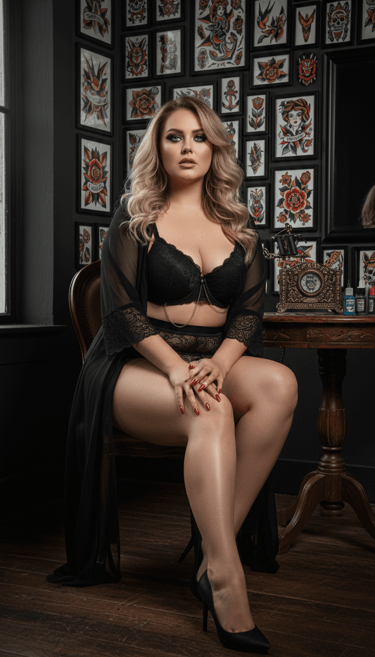 AI generated: A voluptuous woman with blonde, wavy hair, and striking blue eyes with heavy makeup, wearing a black...