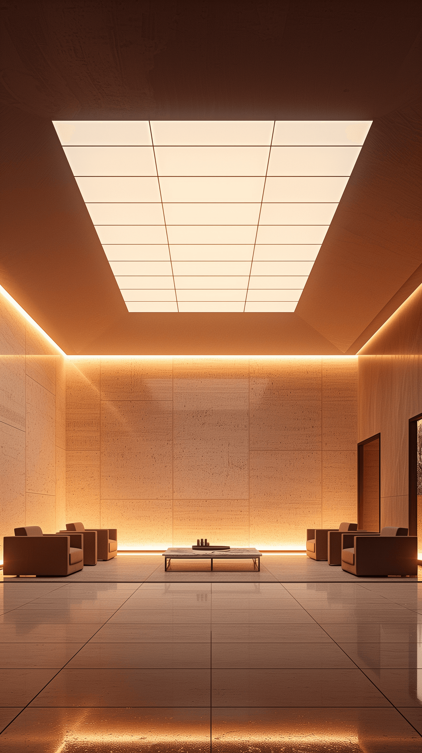 AI generated: photography, architectural interior featuring a large square room bathed in soft, warm light from a ...