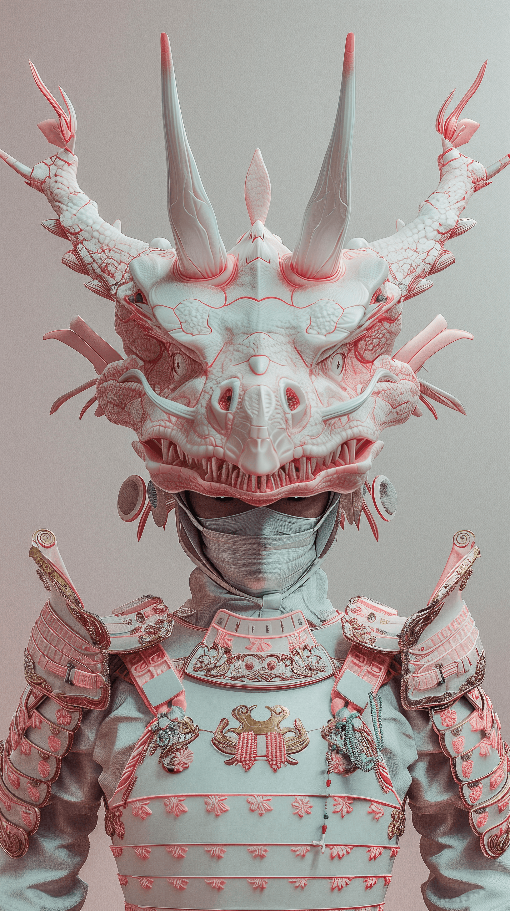 AI generated: 3d render, a women wearing pink samurai armours, close-up shot --ar 9:16 --ar style raw