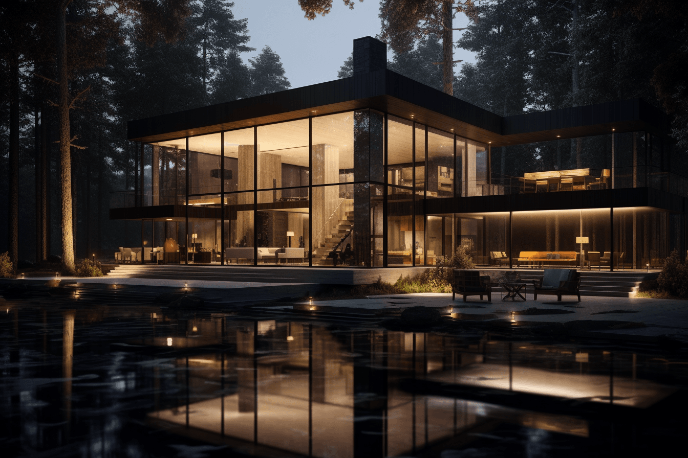 AI generated: a modern house that is light lit at summer day, in the style of dark reflections, richly layered, mo...
