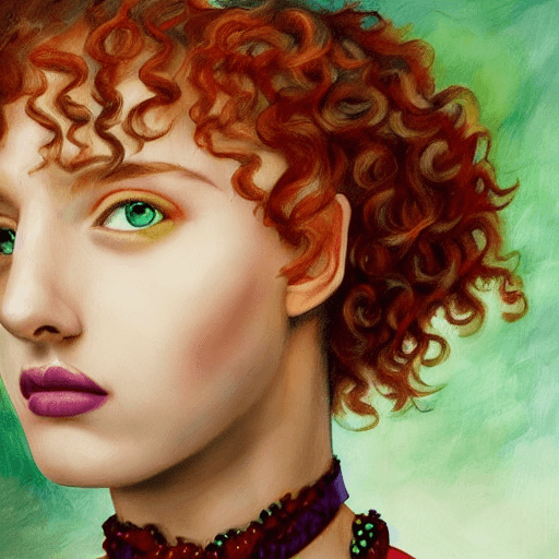 AI generated: red hair, purple eyes, curly hair, girl, european face, green dress, realistic art