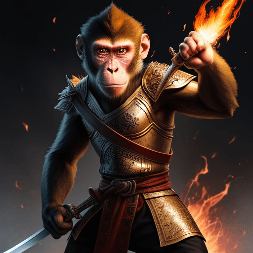 AI generated: Monkey standing sword in angry hand - sparks of fire