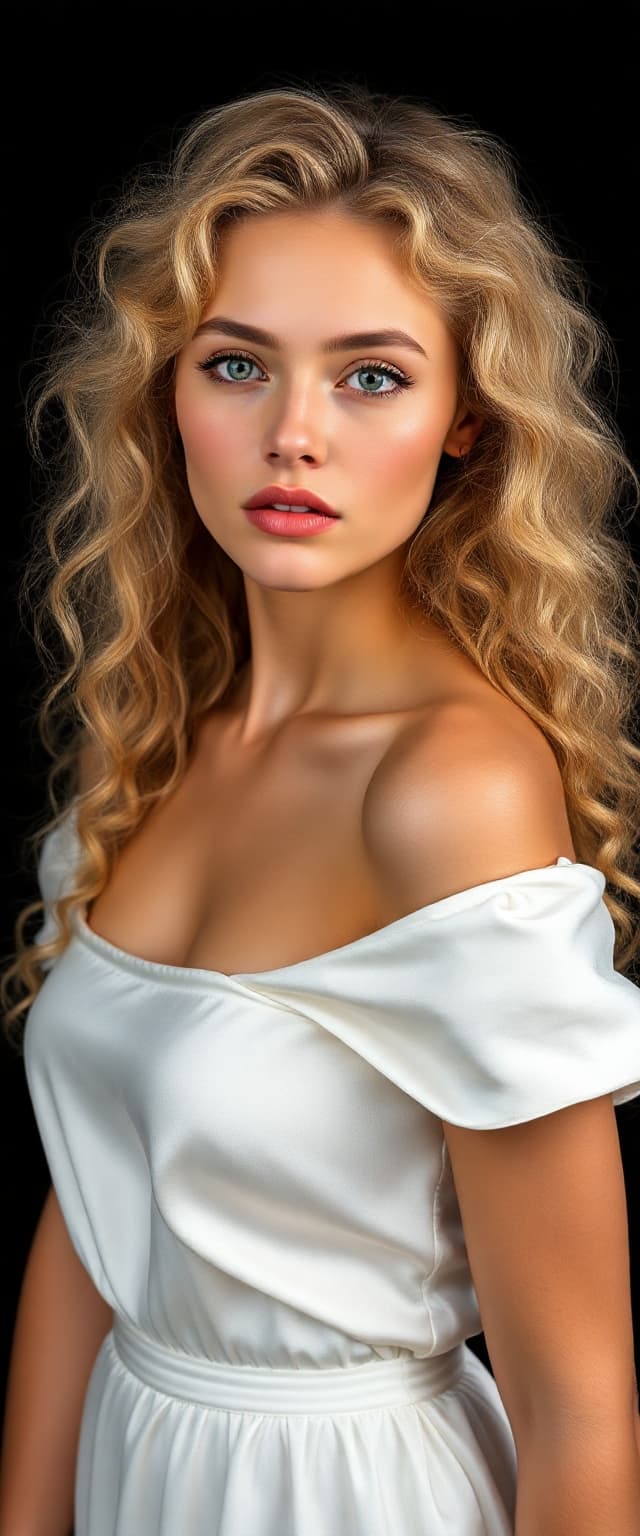 AI generated: "Fine art photography full body portrait. Supermodel, early 20s, fair skin, large blue-green-silver ...