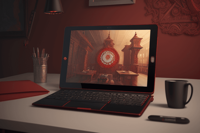 AI generated: laptop tablet and smartphone on a cozy desk, mostly red, intricate artwork . octane render, trending...