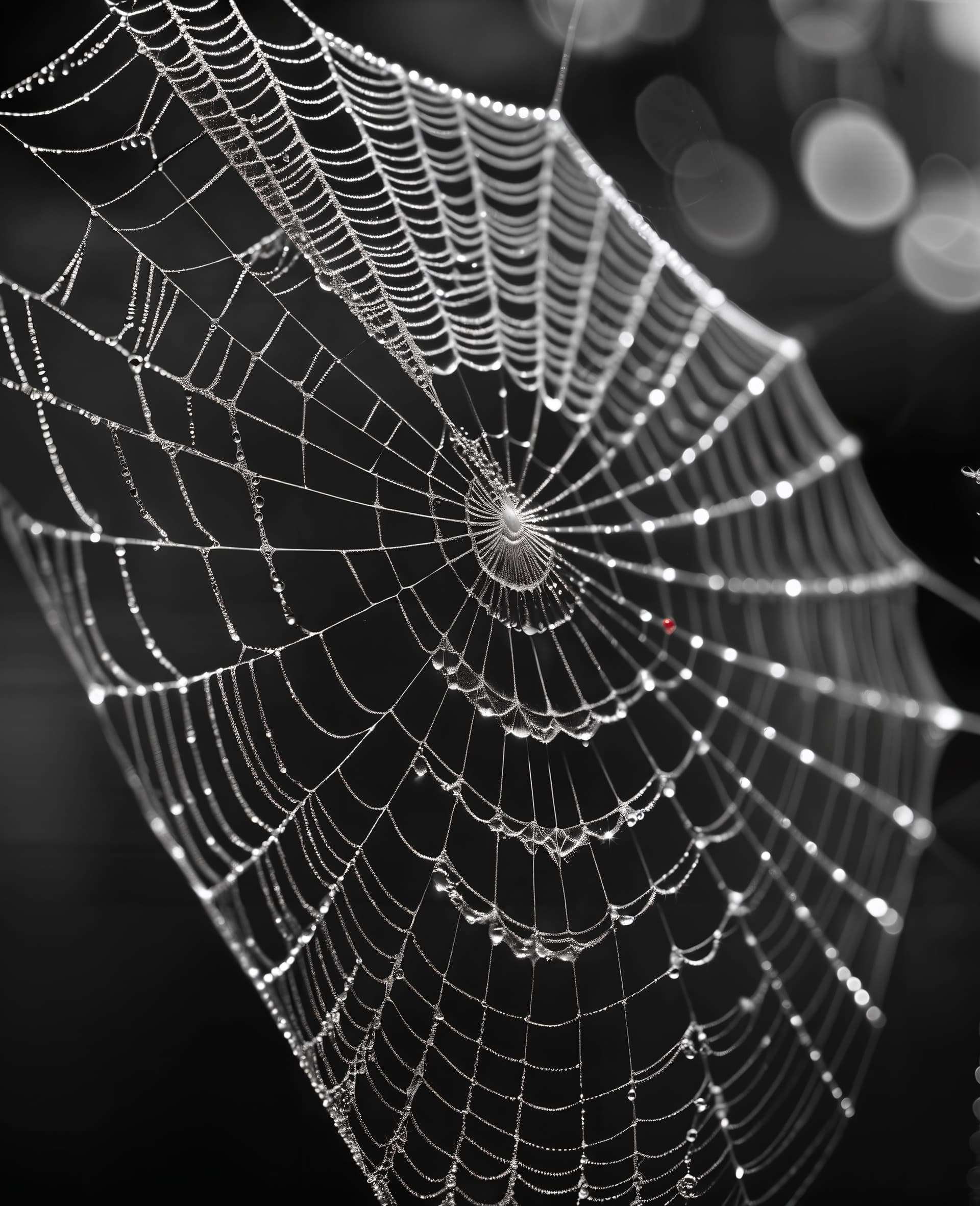 AI generated: Black and White photo, extreme close up of a Spiders web, morning dew drops glistining in the mornin...