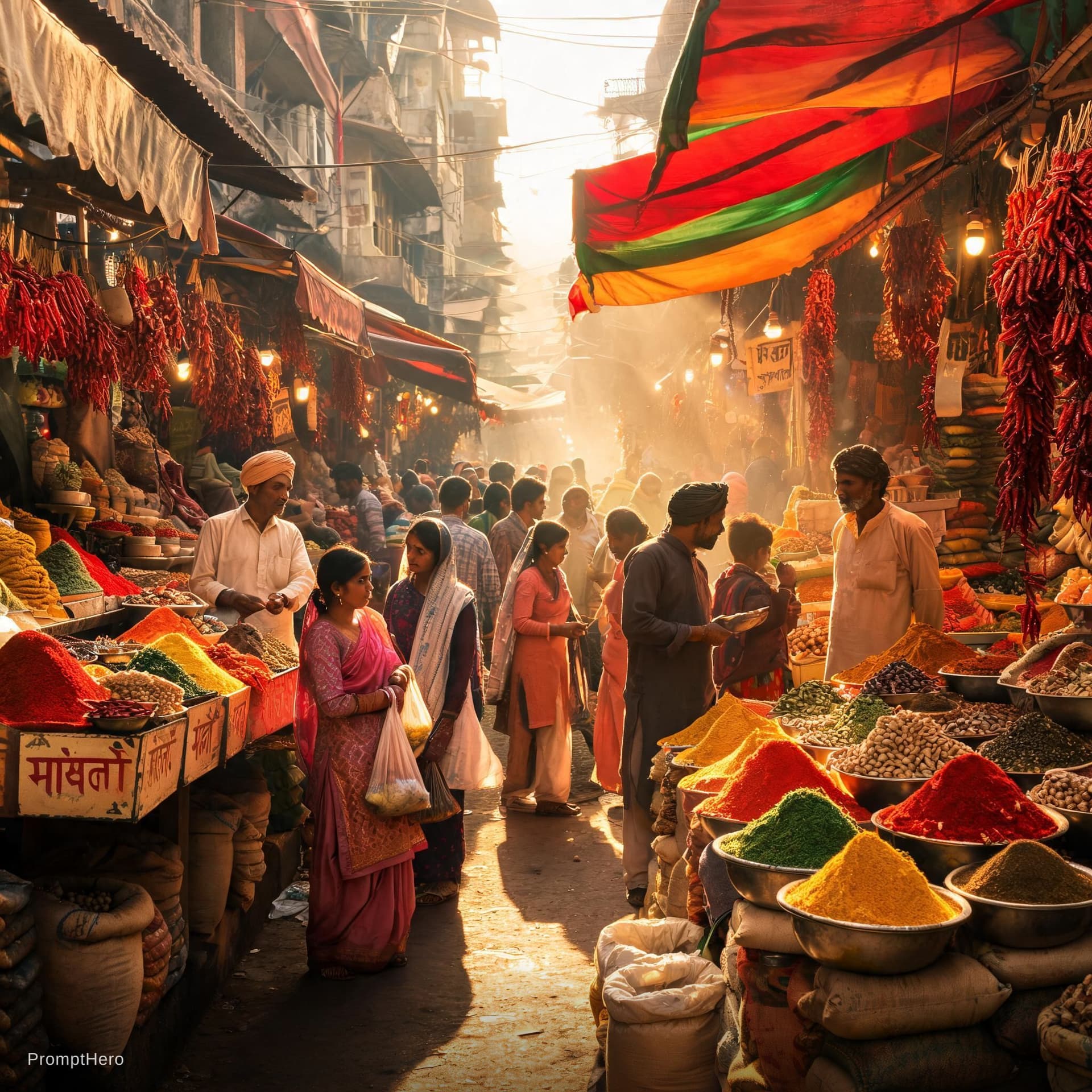 AI generated: Hyper realistic scene of a crowded spice market in Delhi, colorful shops, people bargaining, warm su...