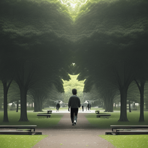 AI generated: High resolution photography of a person walking in a park and half the person is missing one side be...