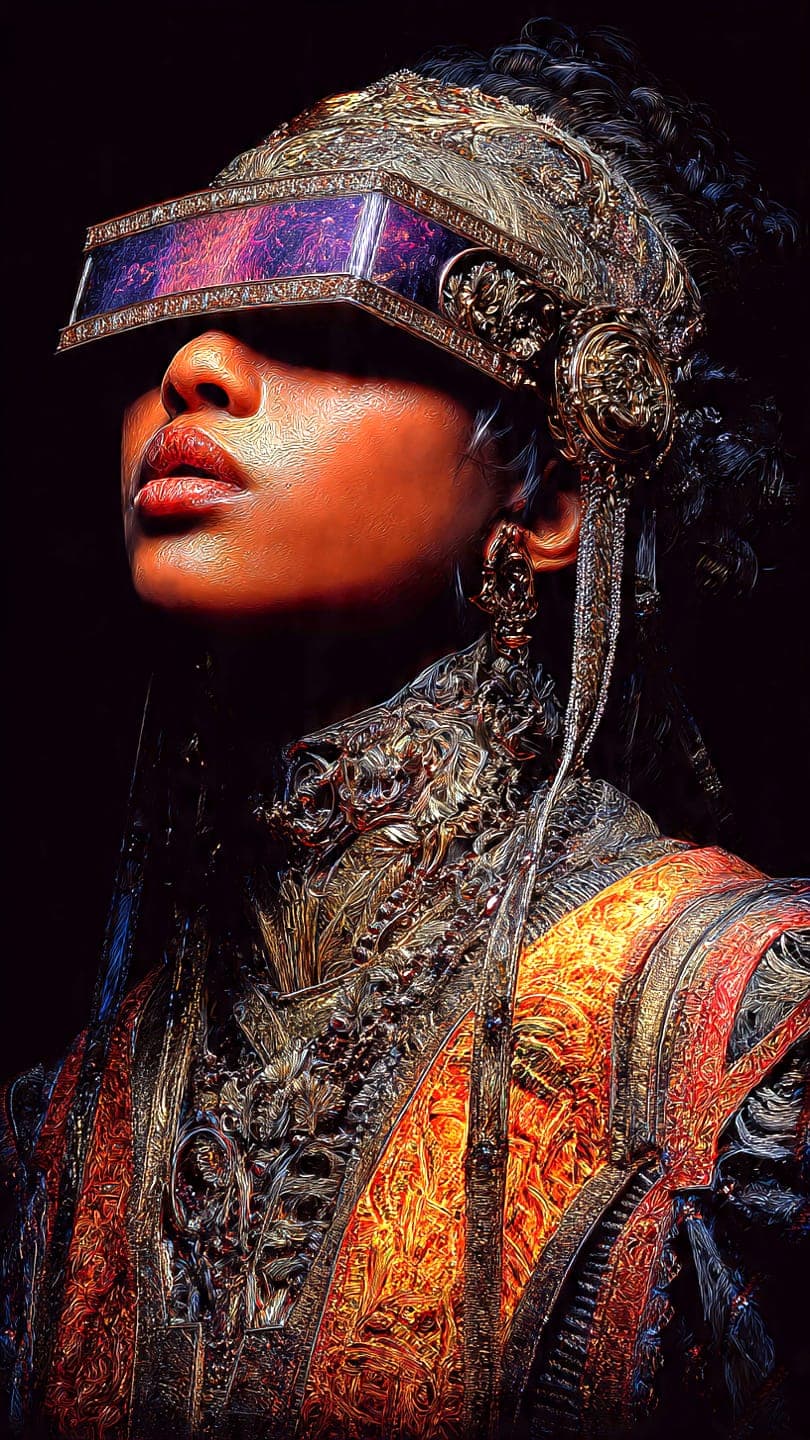AI generated: saturated colorful art, dark fantasy portrait of future teller young woman,,rich details,8k,black ba...