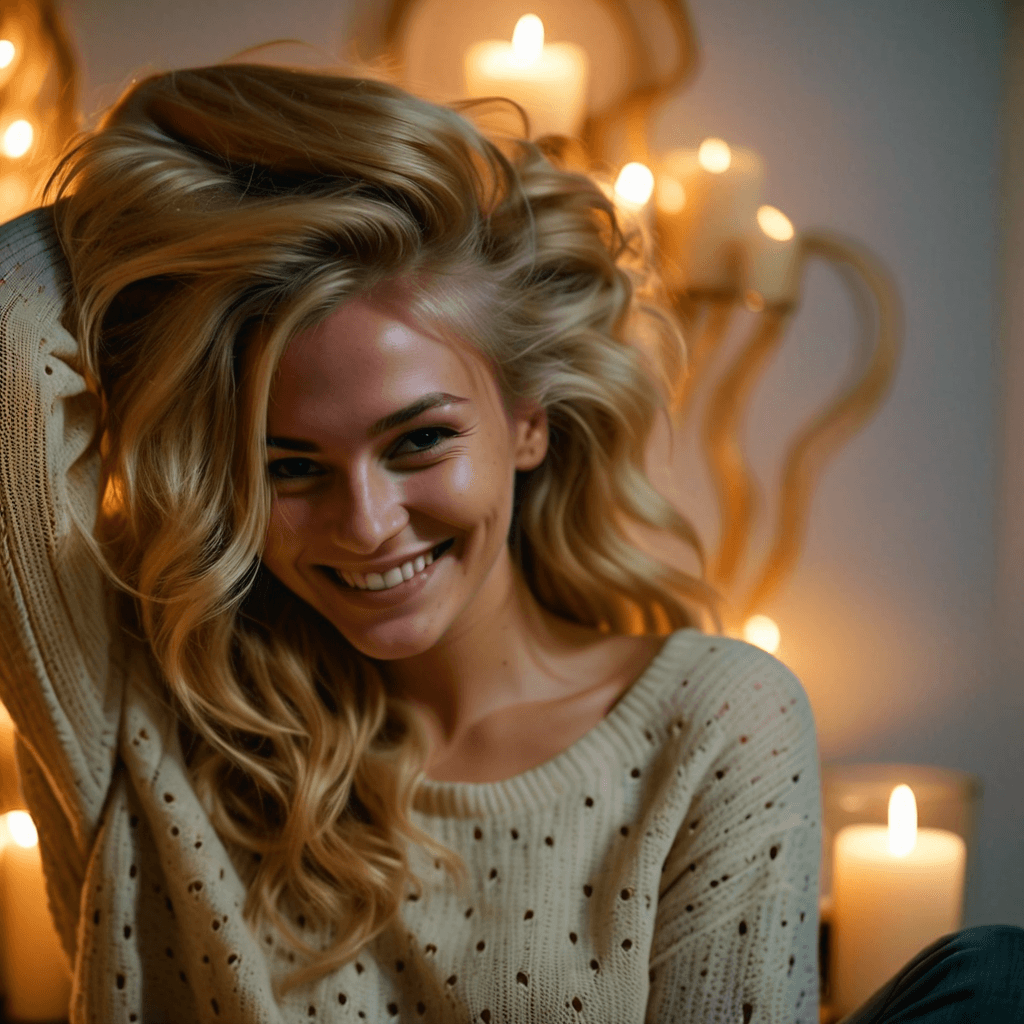 AI generated: Full Body, photograph of, a woman with golden blonde hair and dark roots plays with her hair with a ...