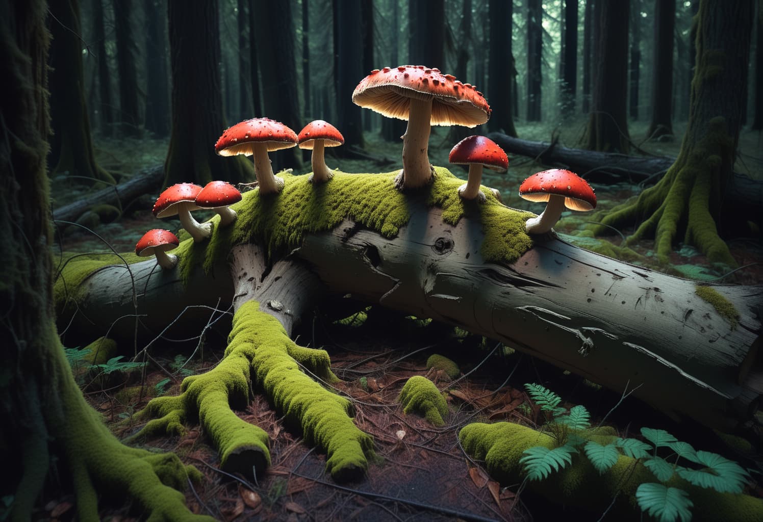 AI generated:  RAW photo of, an old fallen tree, overgrown, glowing shrooms, dark forest, volumetric lighting, lan...