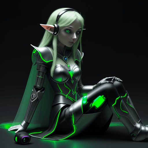 AI generated: Elf Galadriel dressed in a robot outfit in the dark and having a earphone, in the style of Ali Kiani...