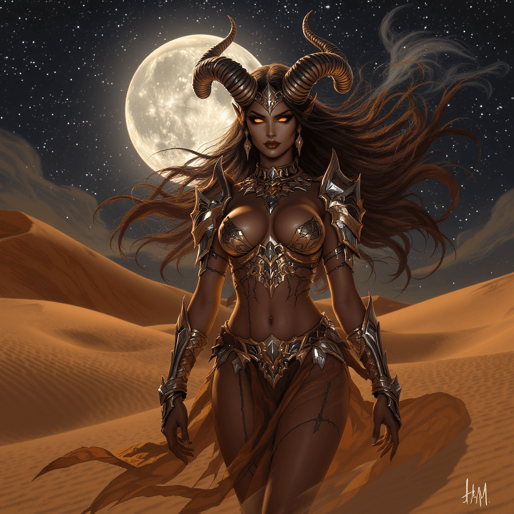 AI generated: A detailed and atmospheric illustration, full body shot of a young beautiful European female horned ...