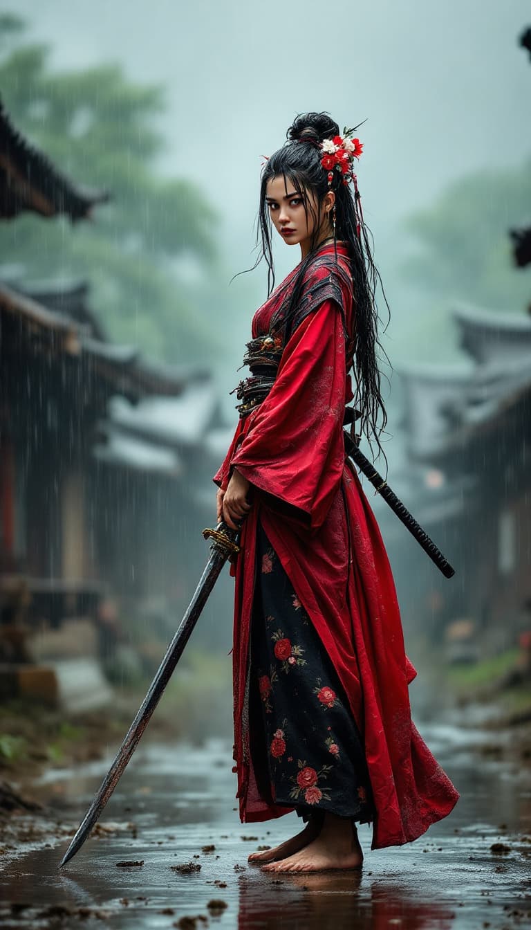 AI generated: Full body view of a fierce samurai woman of Japanese descent in a flowing red and black kimono, her ...