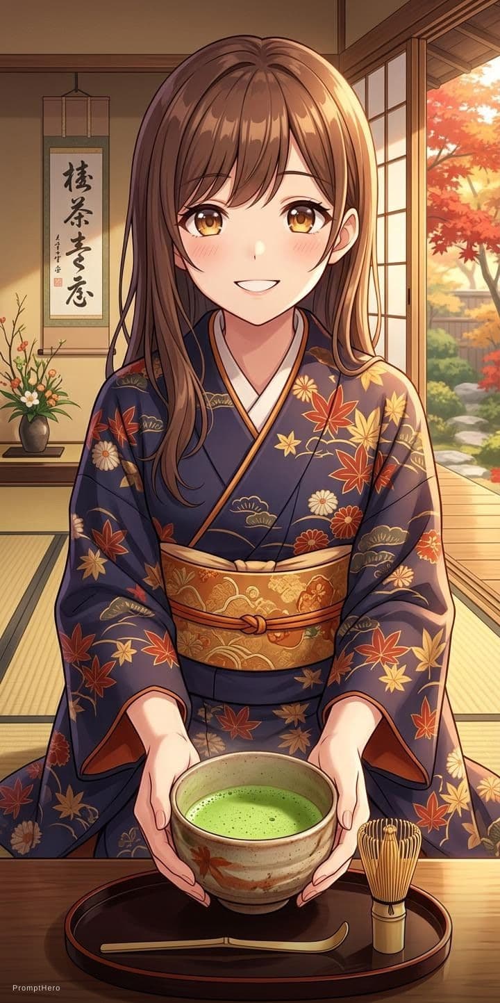 AI generated: smiles, wears a kimono,  serves japanese tea to the viewer, same artistic style