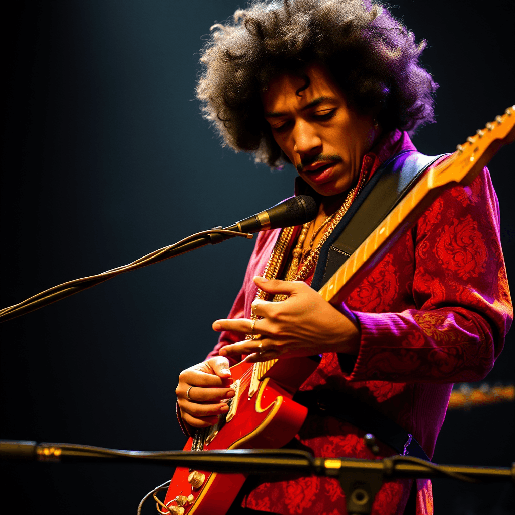 AI generated: Hendrix's fingers danced across the strings, coaxing out a maelstrom of noise and beauty. The guitar...