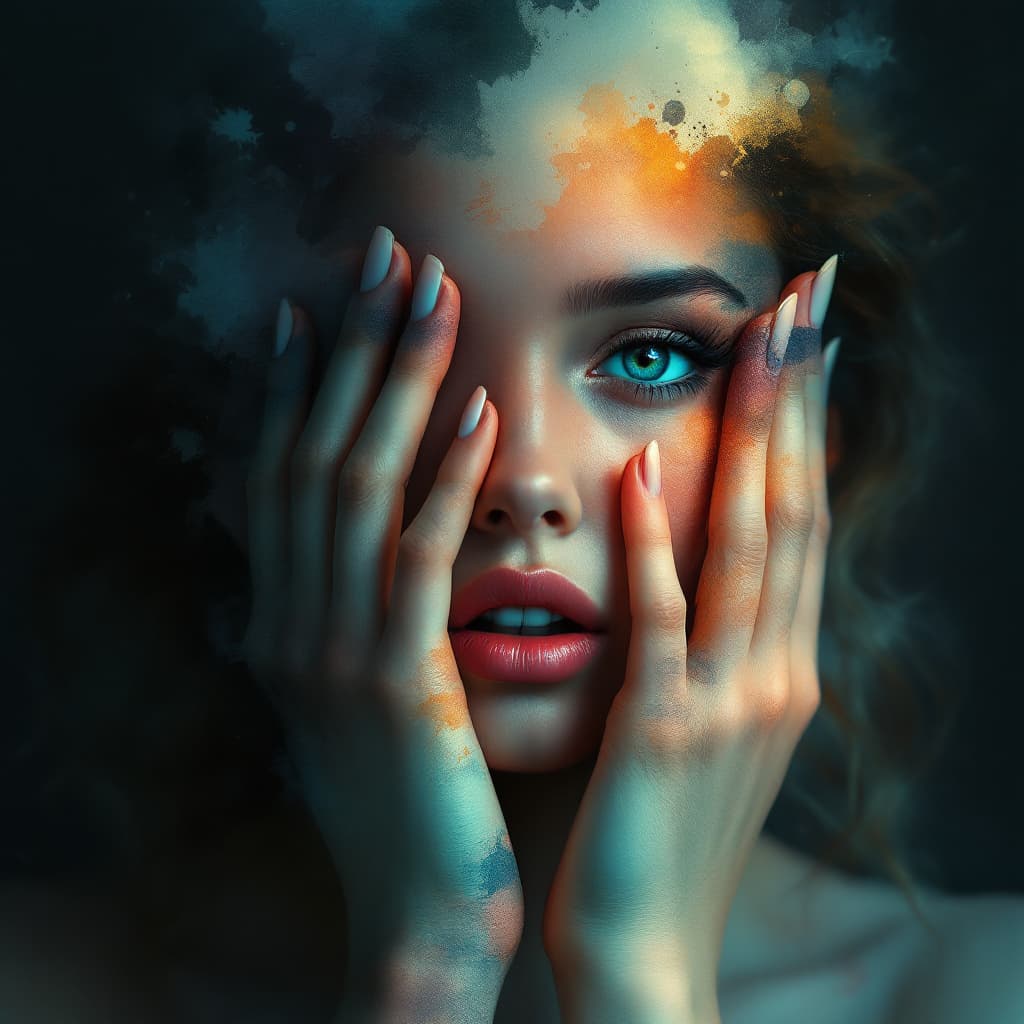 AI generated: A surreal photorealistic image of a woman concealing her face with two hands, one above and one belo...