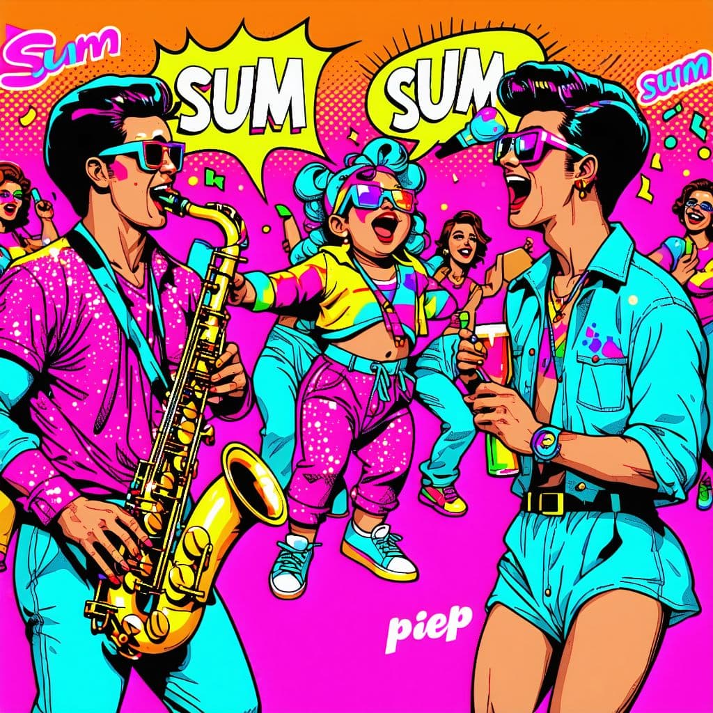 AI generated: 80s retro neon party scene, colorful cartoon style, comic characters having fun, people in glitter o...