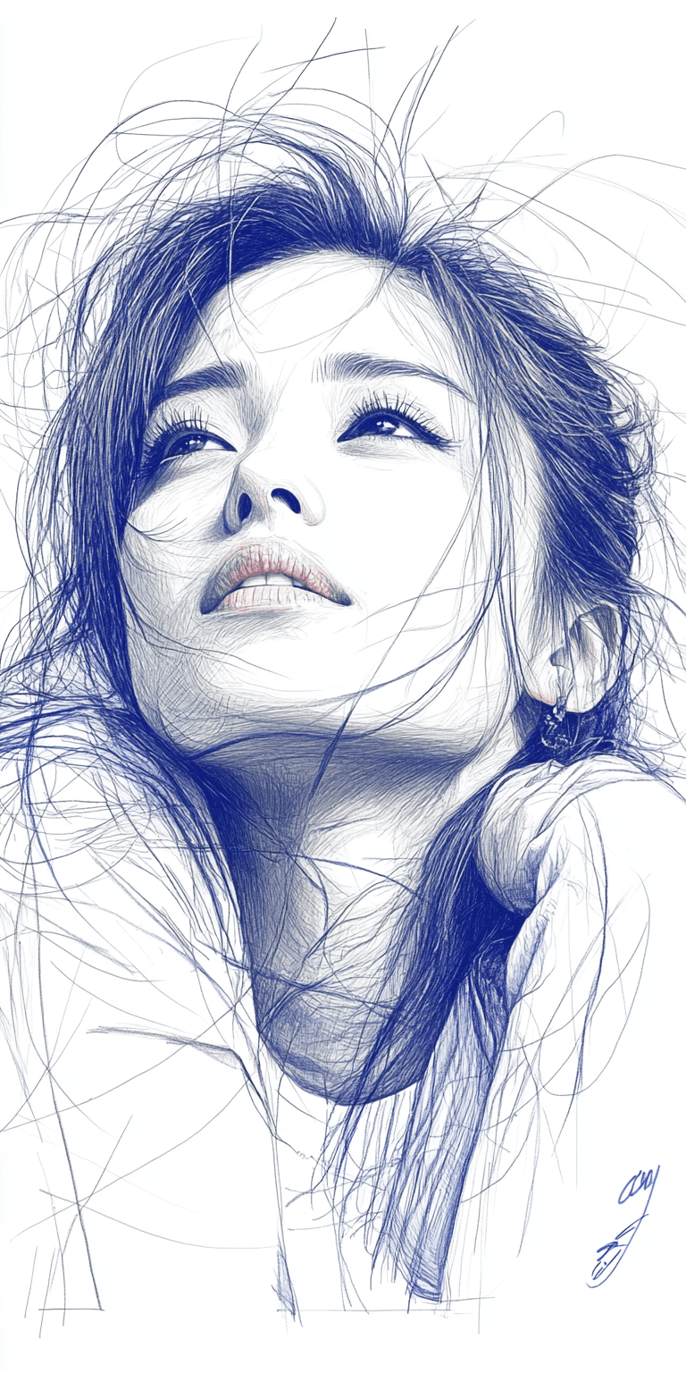 AI generated: White-blue pencil sketch of a woman, mid 20's, soft and warm lines, ultra-fine detailing --ar 1:2 --...