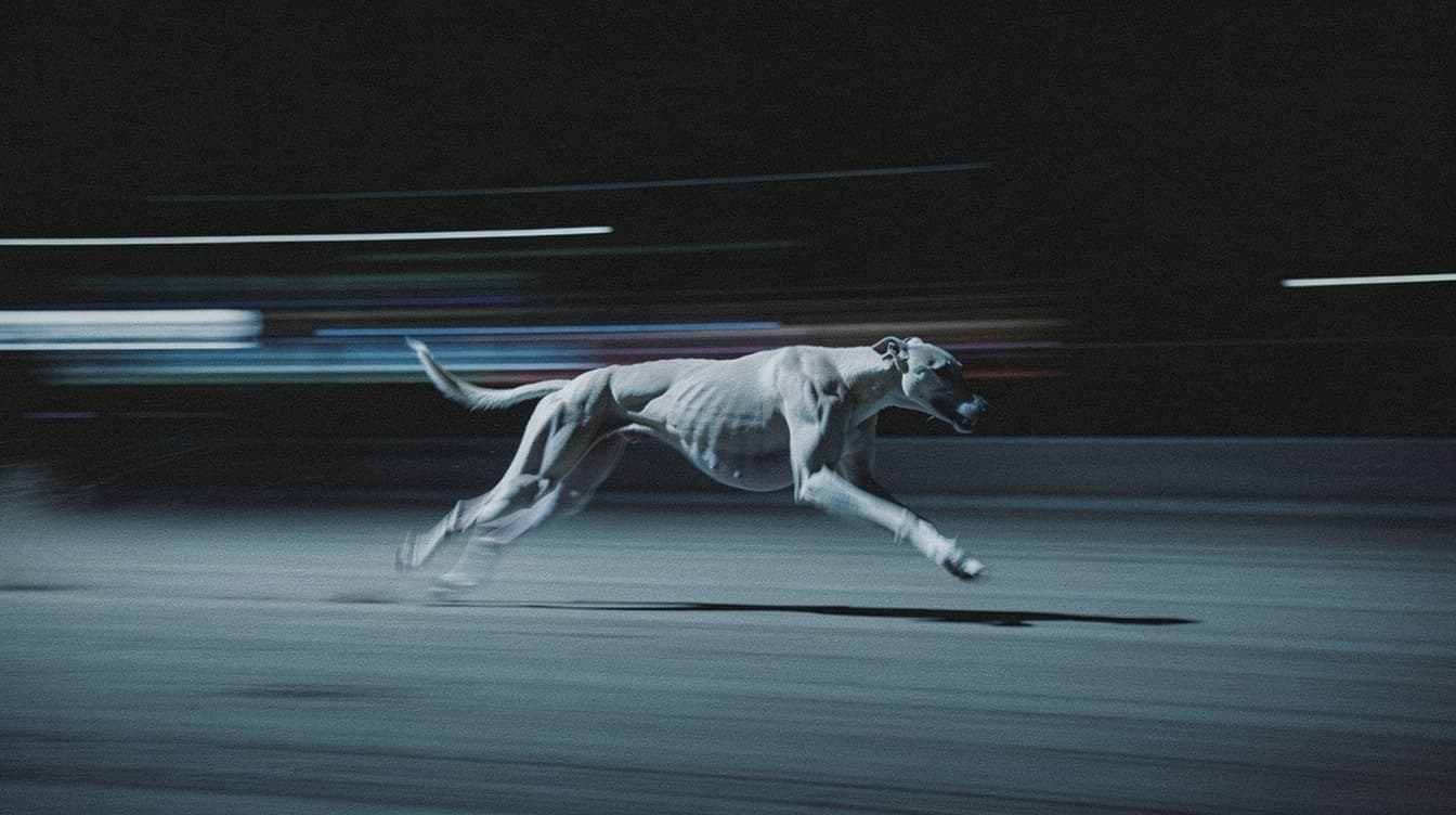 AI generated: cinematic long-exposure photograph of a racing greyhound dog sprinting at maximum speed, captured mi...