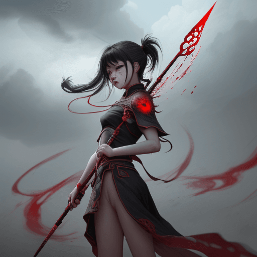 AI generated: 1girl, blood on face, angry, <lora:nezha_20230529030816:0.75>, holding spear, (flying), chinese myth...