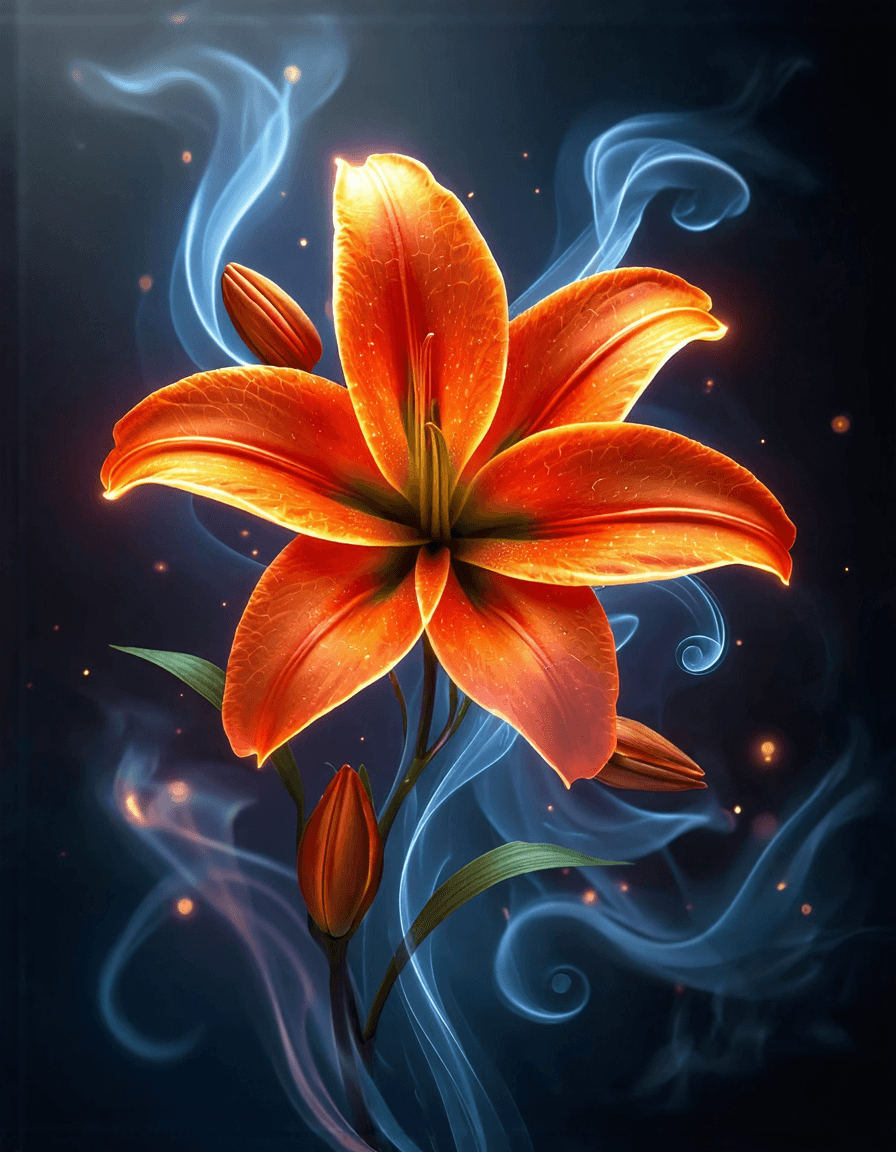 AI generated: The image depicts a highly stylized and fantastical depiction of a lily flower. The central focus is...