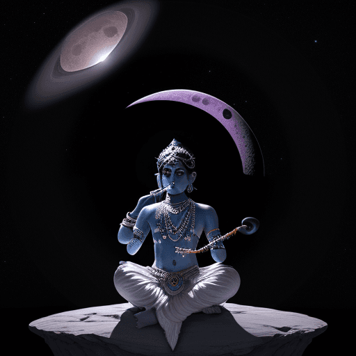 AI generated: Create an image of a crescent moon and well-lit, with detailed textures and shading. Lord Krishna pl...