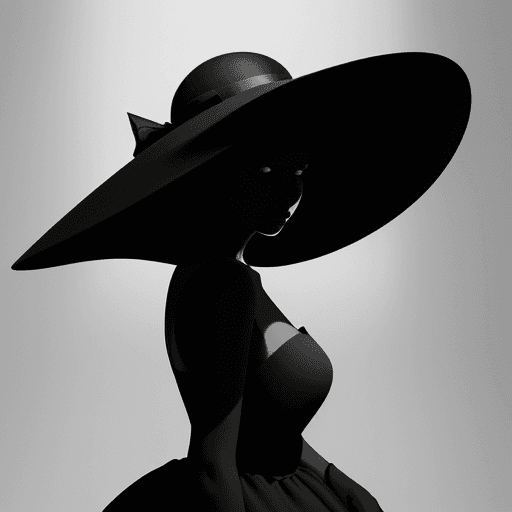 AI generated: a woman in a black dress is wearing a big hat to the right, in the style of clever use of negative s...