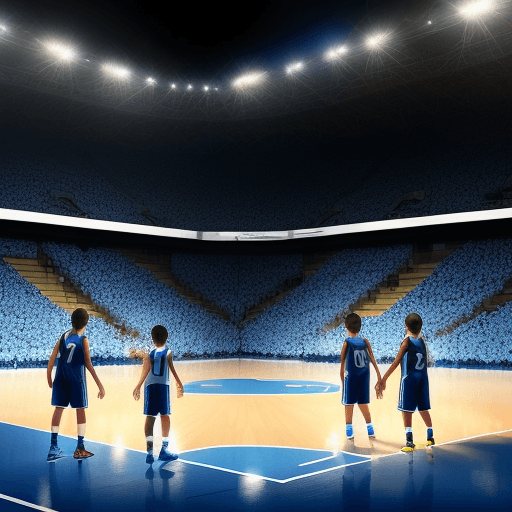 AI generated: 4 jugadores del mismo equipo en la cancha, jugando basquetbol, una cancha muy iluminada, mucha luz e...