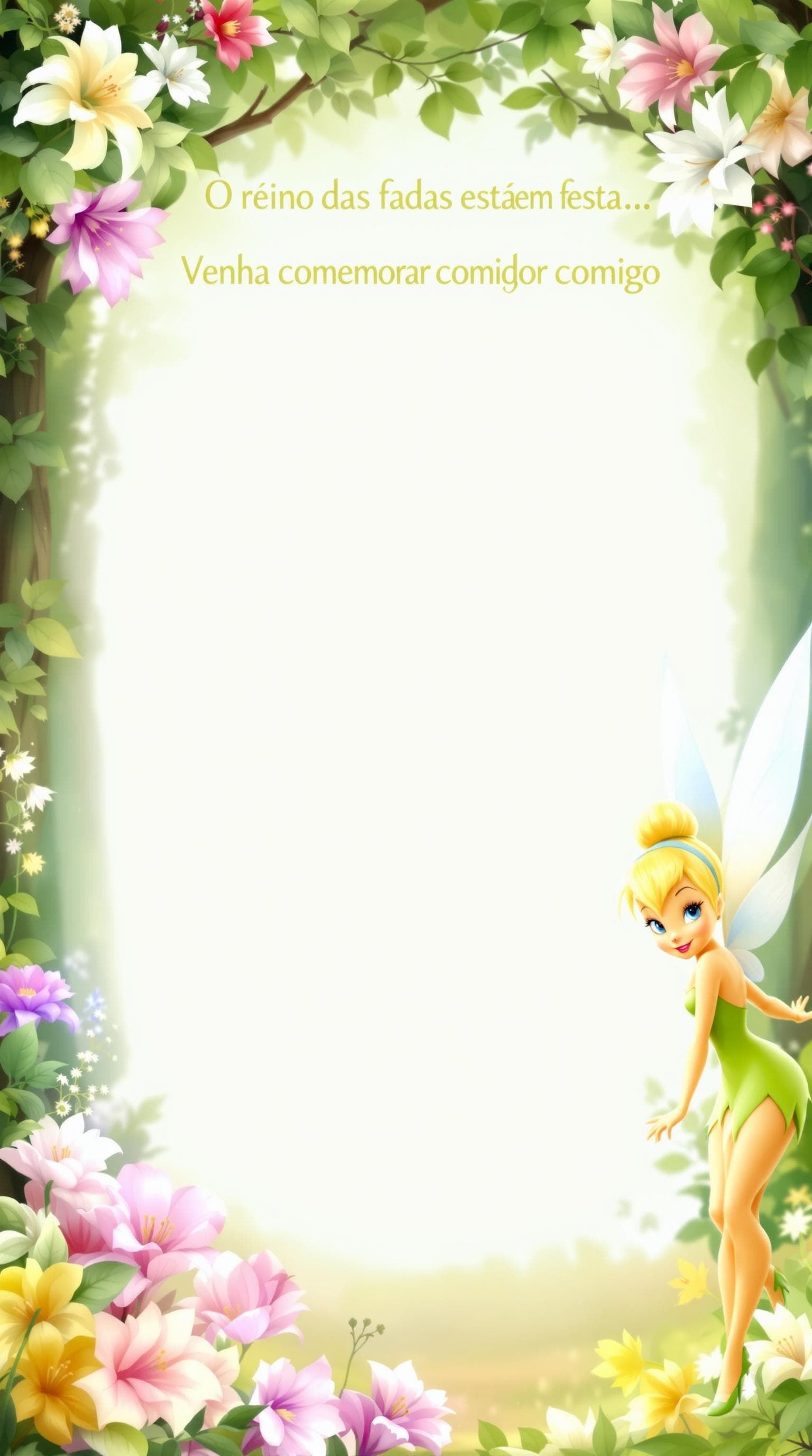 AI generated: birthday invitation, whatsapp format, tinkerbell theme, forest background with flowers, green, tinke...