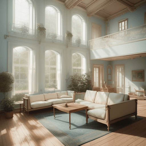 AI generated: High resolution photography interior design, dreamy sunken living room conversation pit, wooden floo...