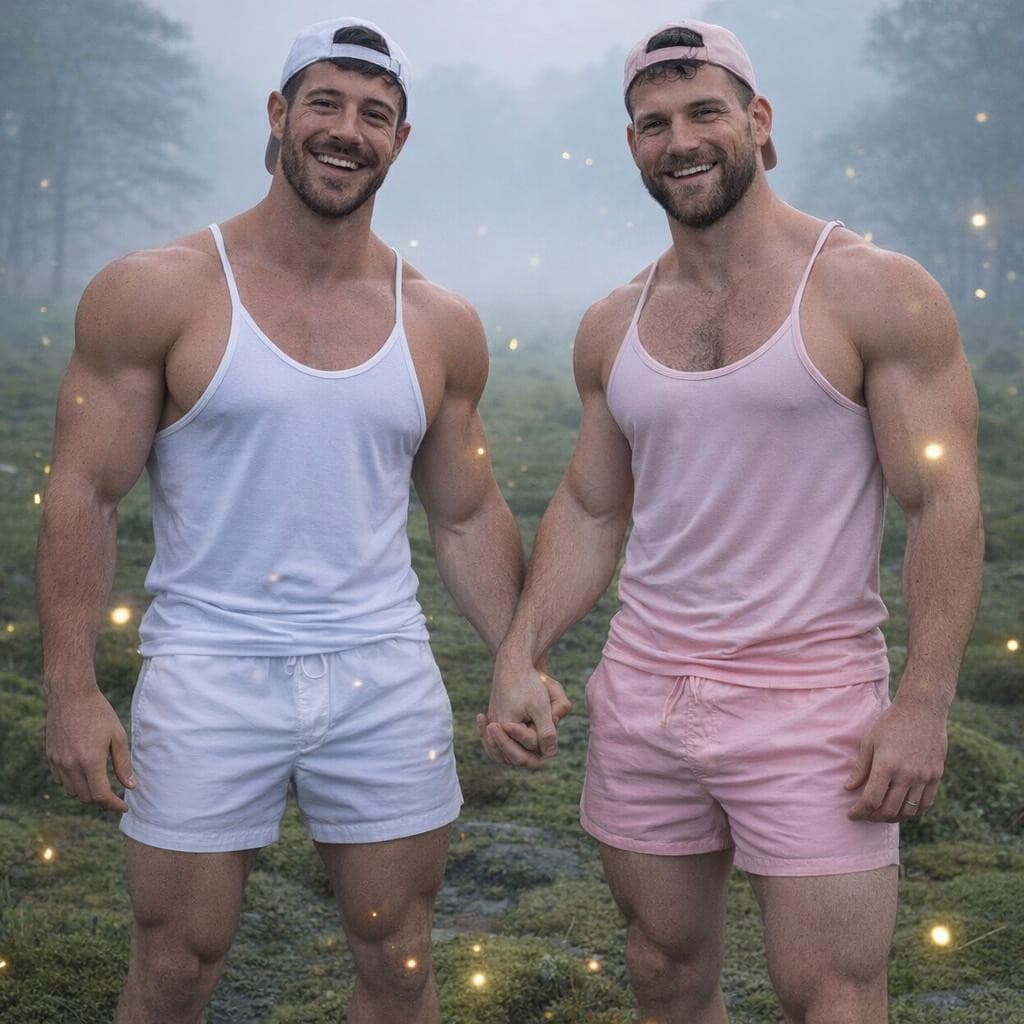 AI generated: Make these men standing in mossy field while holding hands with happy expressions on their faces wit...