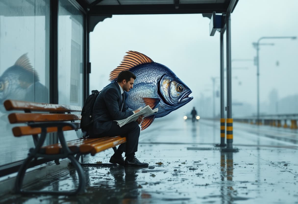 AI generated: wide shot photography of a half human half fish,looking sideways to the horizon, standing on a bus s...