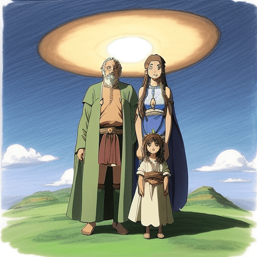 AI generated: Children’s drawing of the sky-father and earth-mother, a shaman, a king, sunlight, studio ghibli