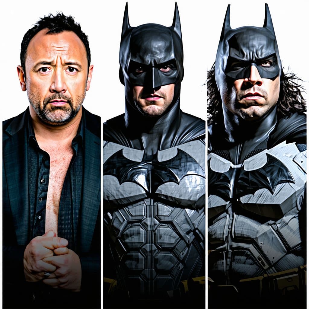 AI generated: Joe rogan is Adam sandler is Adam driver is Dwayne the rock Johnson is mike Myers is batman is cilia...
