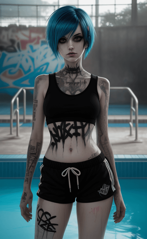 AI generated: emo Woman,looking at the camera, emo band top, slender thighs, exercise shorts, abandoned waterpark,...