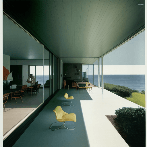 AI generated: Hyper realistic eye level exterior photo of a mid century modern style house overlooking the ocean, ...