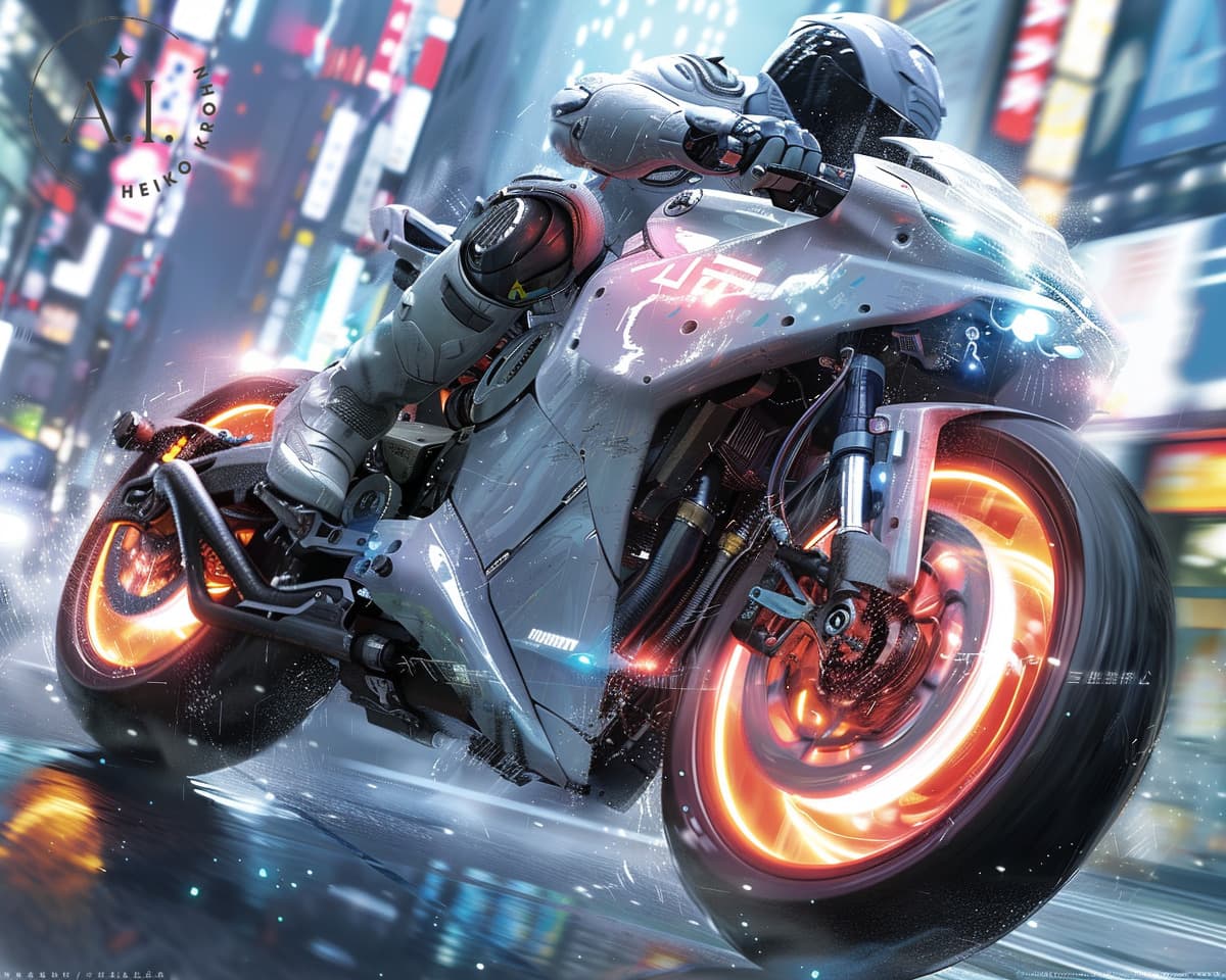 AI generated: a cyborg rides a futuristic motorcycle through the streets of a futuristic city at night, --ar 5:4 -...