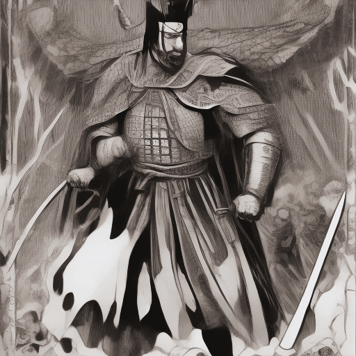 AI generated: Drawing of a medieval samurai, total body, by Hugh Hughes, promotional art, cover art of graphic nov...