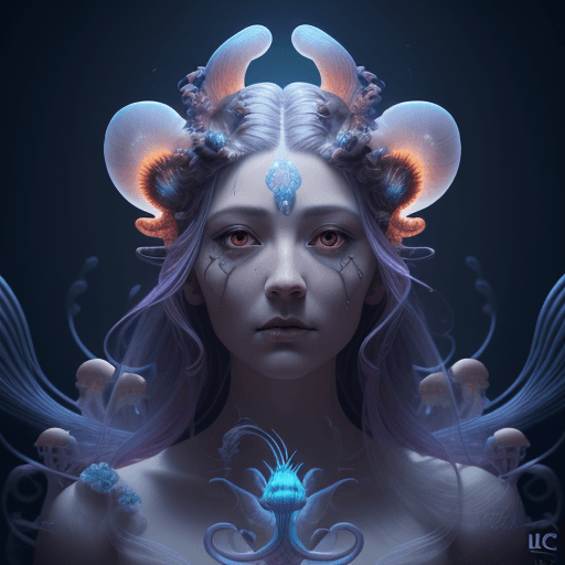 AI generated: Goddess close-up portrait ribcagel. jellyfish phoenix head, nautilus, orchid, skull, betta fish, bio...