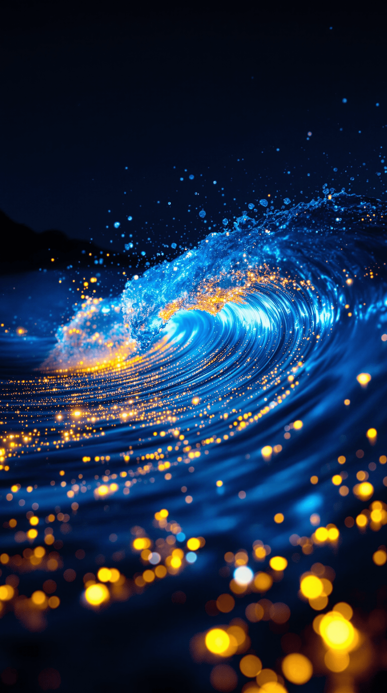 AI generated: A beach at night extreme close up of a wave made of scintillatingly bright glowing blue and gold bio...