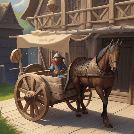 AI generated: merchant sailing your wares, medieval, fantasy, realistic, wooden cart, wooden wheel, wooden box, ho...