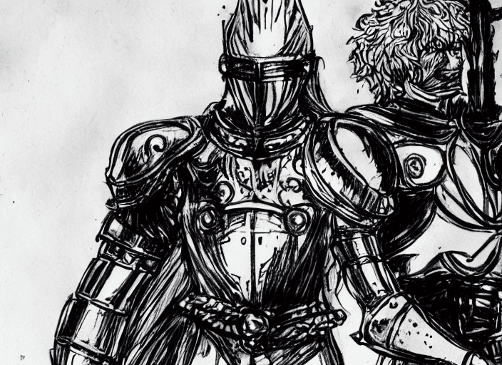 AI generated: Drawing of a knight and a princess, in the middle of the night, romance, black and white, concept ar...
