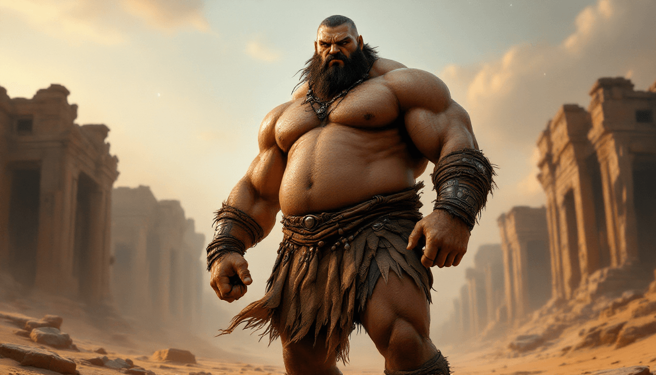 AI generated: Massive muscular male warrior wearing only a skimp loincloth barely containing his huge bulge. He is...