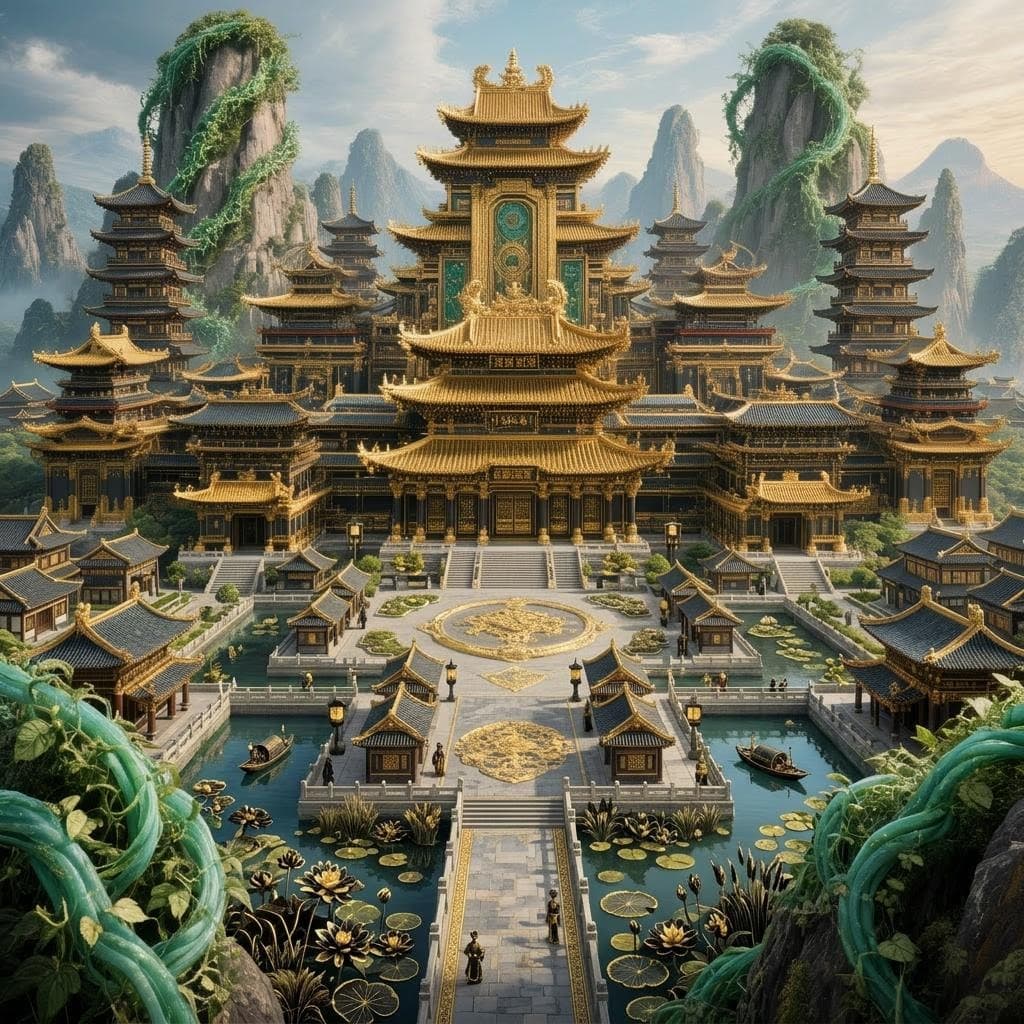 AI generated: create a village surrounding this placate with a black and gold theme with a few towering Chinese st...